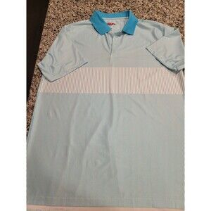 Tabasco Sport Polo Mens L Turquoise White Striped Short‎ Sleeve Poly Spandex